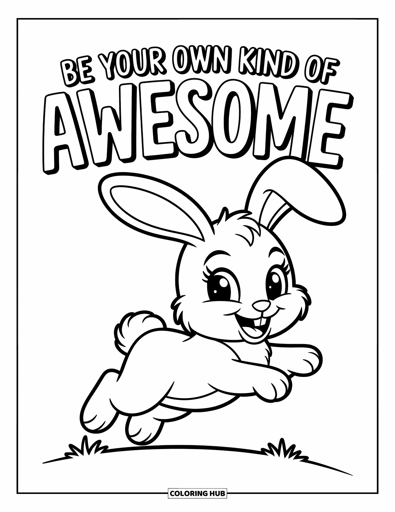 Quote Coloring Page for Kids: A joyful bunny hops under "Be your own kind of awesome"