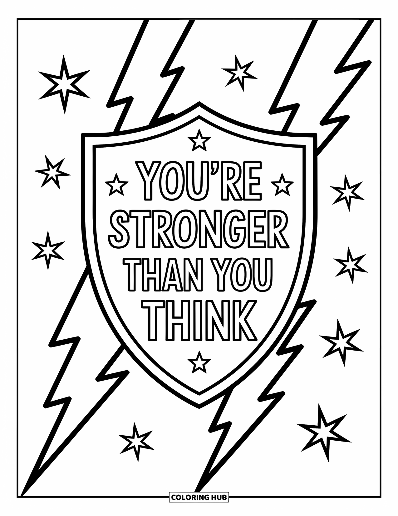 Quote Coloring Page for Kids: A knight's shield glows with the words "You're stronger than you think"