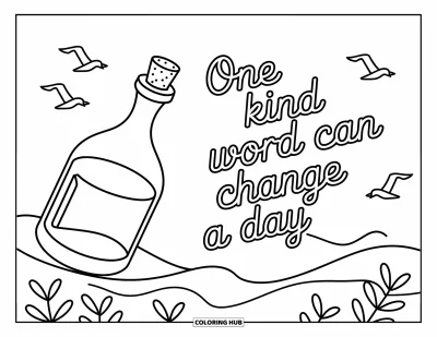 Coloriage de citations pour enfants : Un message dans une bouteille flotte près de 