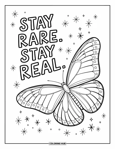 Coloriage de citations pour enfants : Un papillon unique brille parmi les étoiles avec la phrase 