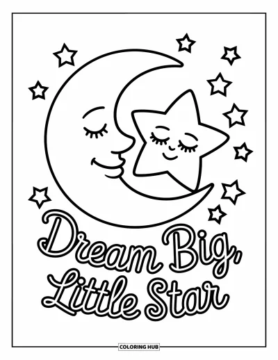 Coloriage de citations pour enfants : Une lune endormie et une étoile flottent doucement avec les mots 