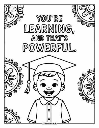 Coloriage de citations pour enfants : Un enfant souriant avec une casquette nous rappelle 