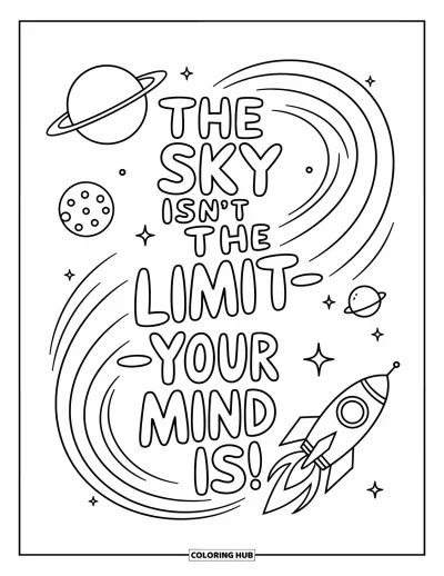 Coloriage de citations pour enfants : Une scène spatiale scintille avec la citation 