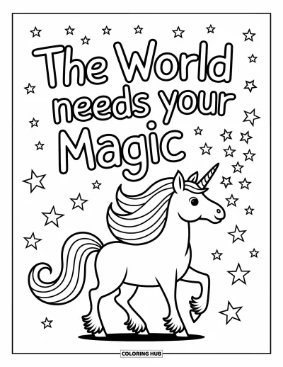 Coloriage de citations pour enfants : Une licorne envoie des étoiles s'envoler avec le message 