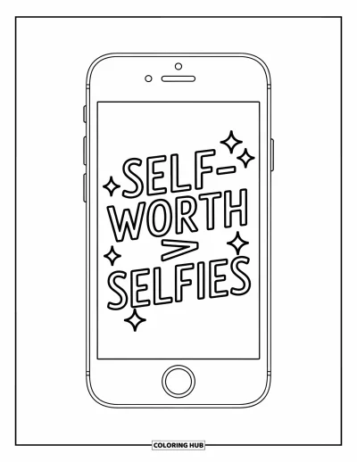 Omalovánka s citátem pro děti: Hravý design telefonu připomíná "Self-worth > selfies"