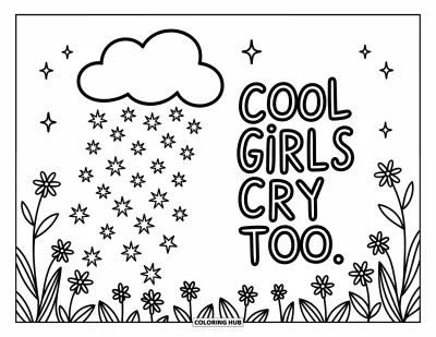 Coloriage de citations pour enfants : Des fleurs tombent des nuages avec la phrase 