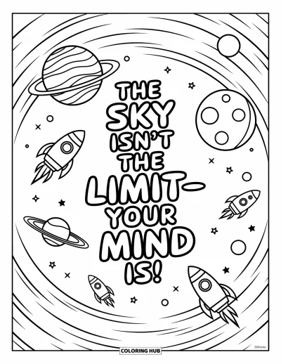 Coloriage de citations pour enfants : Des planètes et des fusées tourbillonnent autour de la citation 