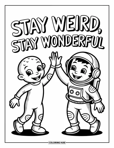 Coloriage de citations pour enfants : Des amis de l'espace enjoués célèbrent avec 