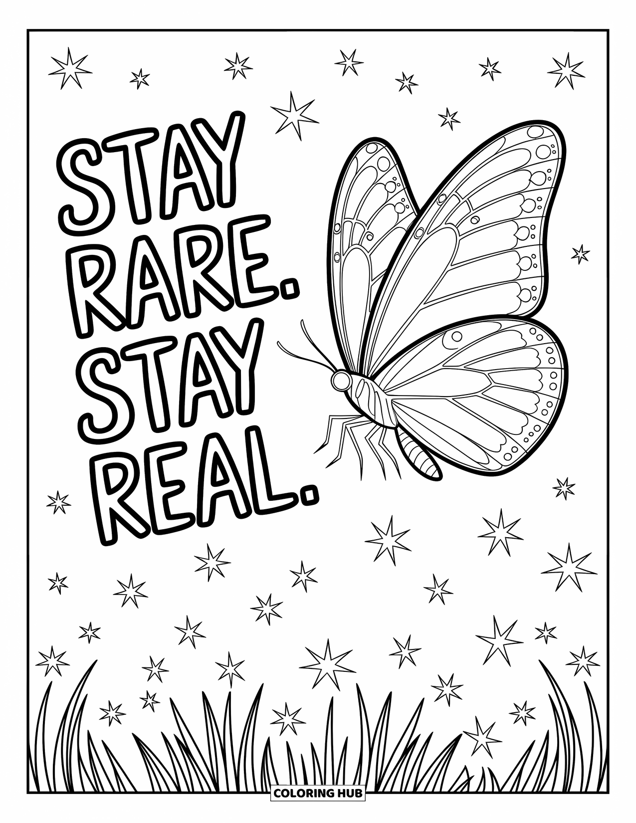 Quote Coloring Page for Kids: Stars and wings frame the message "Stay rare. Stay real"