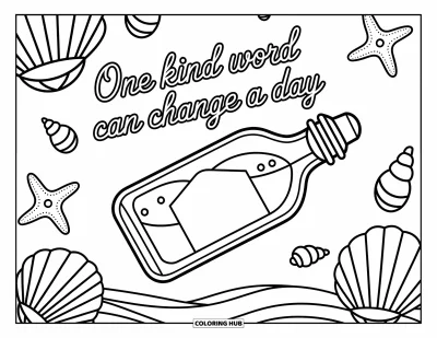Coloriage de citations pour enfants : Des vagues portent une bouteille et la phrase 