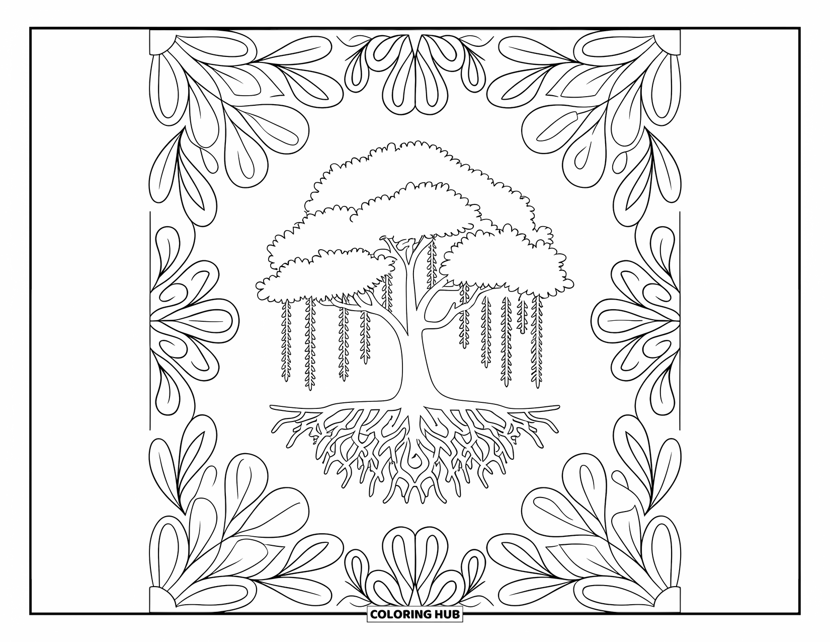 Rainforest Coloring Page for Adults: Big tree with hanging vines and flower patterns all around