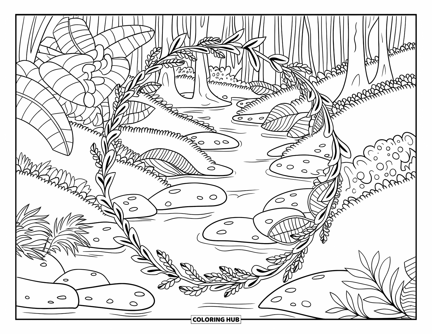 Rainforest Coloring Page for Adults: Calm rainforest stream surrounded by moss, vines, and leafy patterns