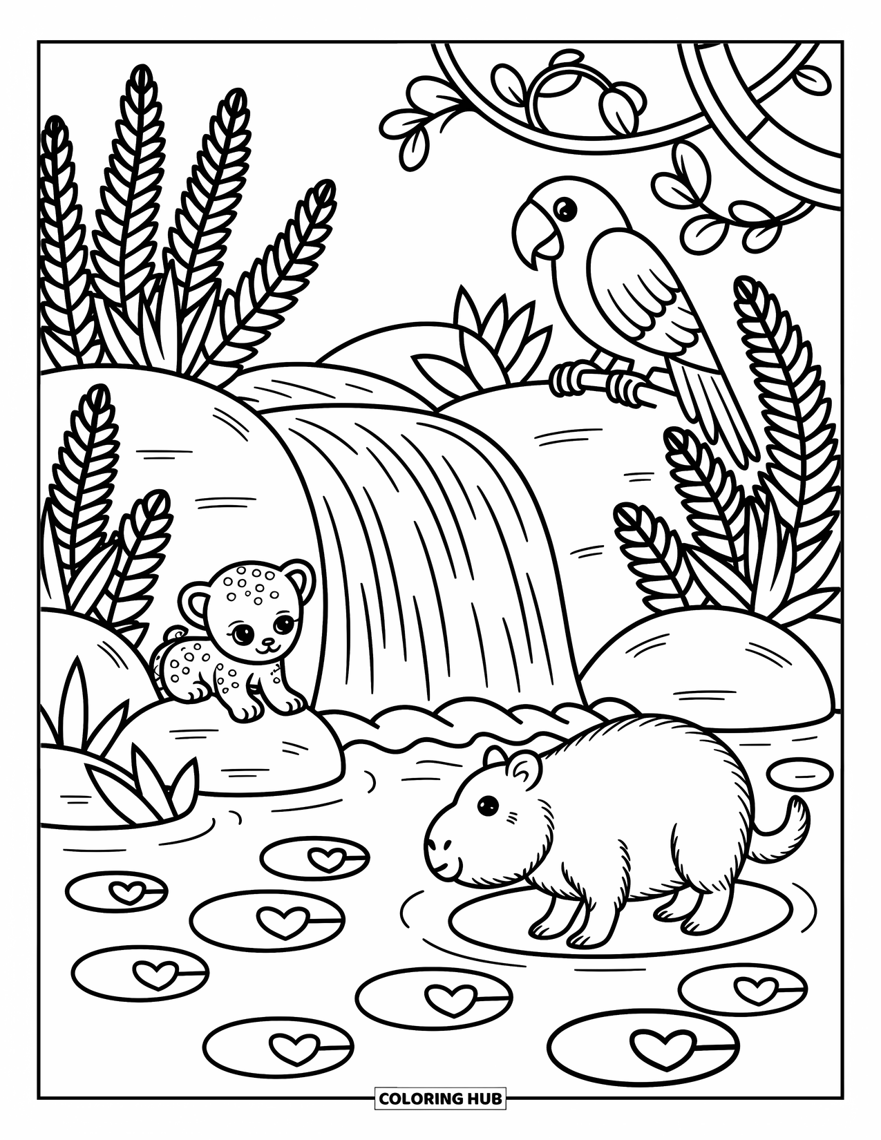 Rainforest Coloring Page for Adults: Curious jaguar, playful parrot, and baby capybara gather by a gentle waterfall