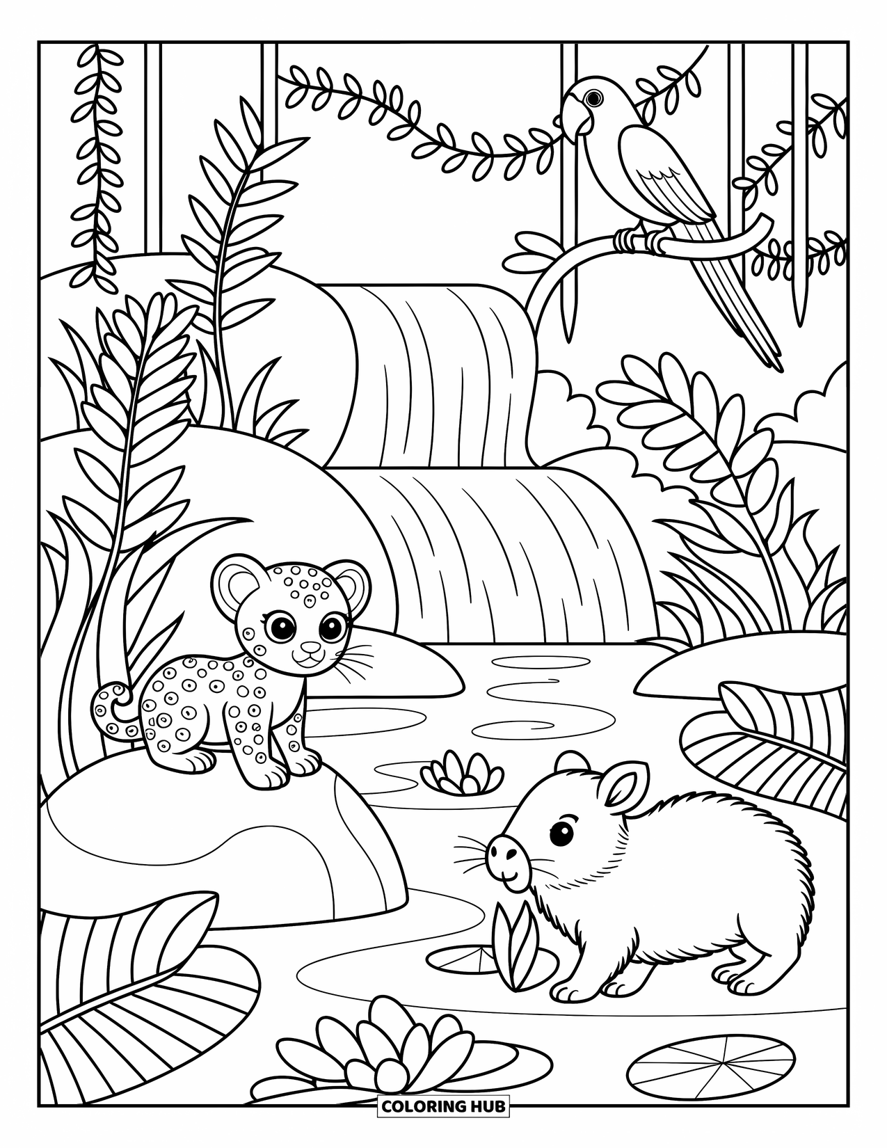 Rainforest Coloring Page for Adults: Jaguar, capybara, and parrot play near a peaceful rainforest waterfall