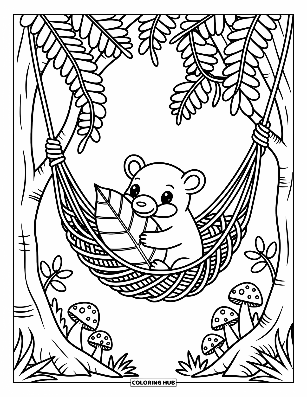 Rainforest Coloring Page for Adults: Leaf-hugging anteater relaxes in a hammock with mushrooms on the tree trunks