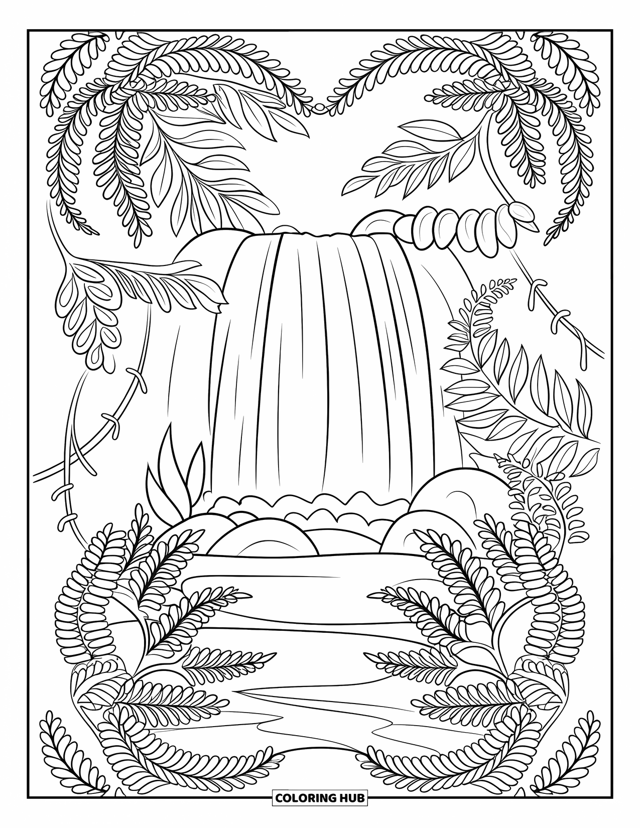 Rainforest Coloring Page for Adults: Peaceful waterfall surrounded by ferns, vines, and rocks