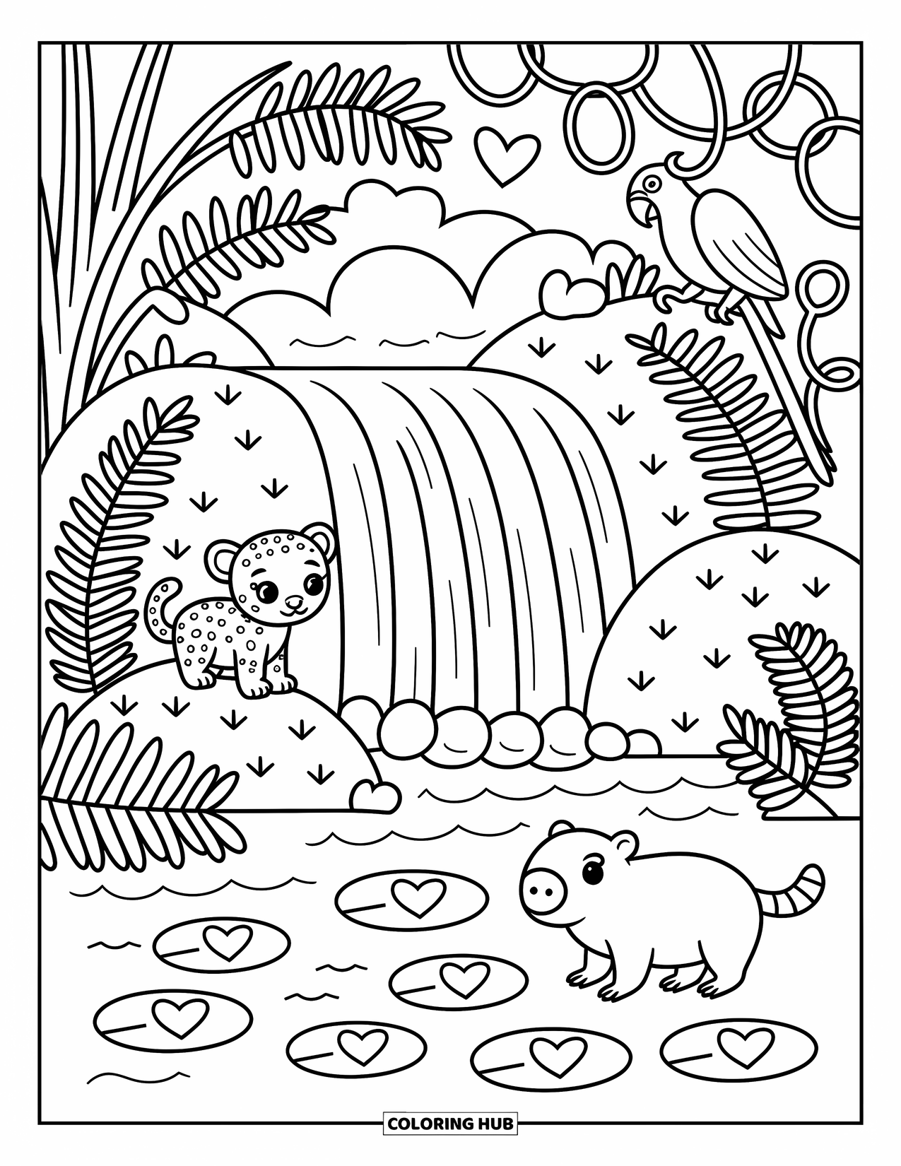 Rainforest Coloring Page for Adults: Rainforest animals relax together by a cascading waterfall and lily pads