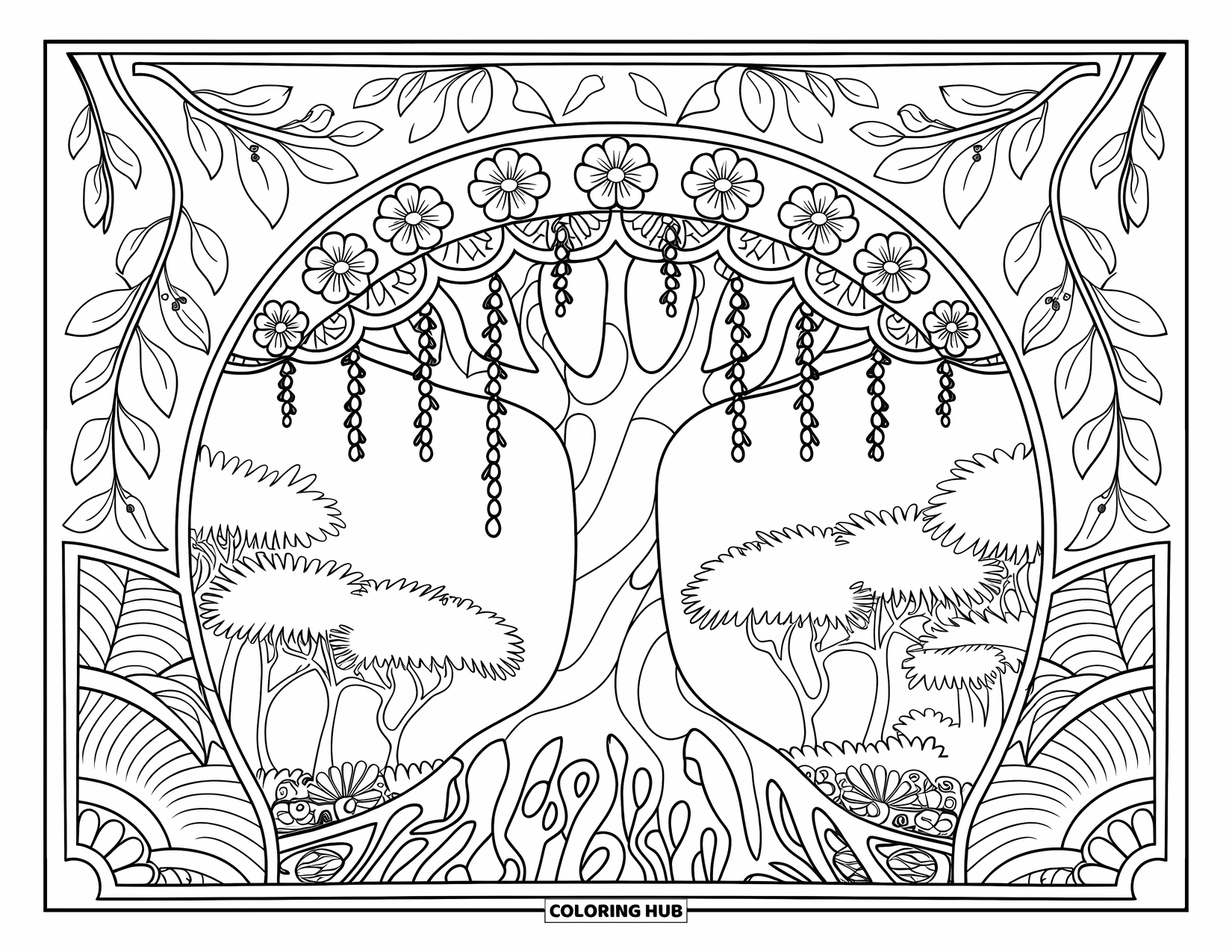 Rainforest Coloring Page for Adults: Rainforest tree with roots and vines framed by floral patterns