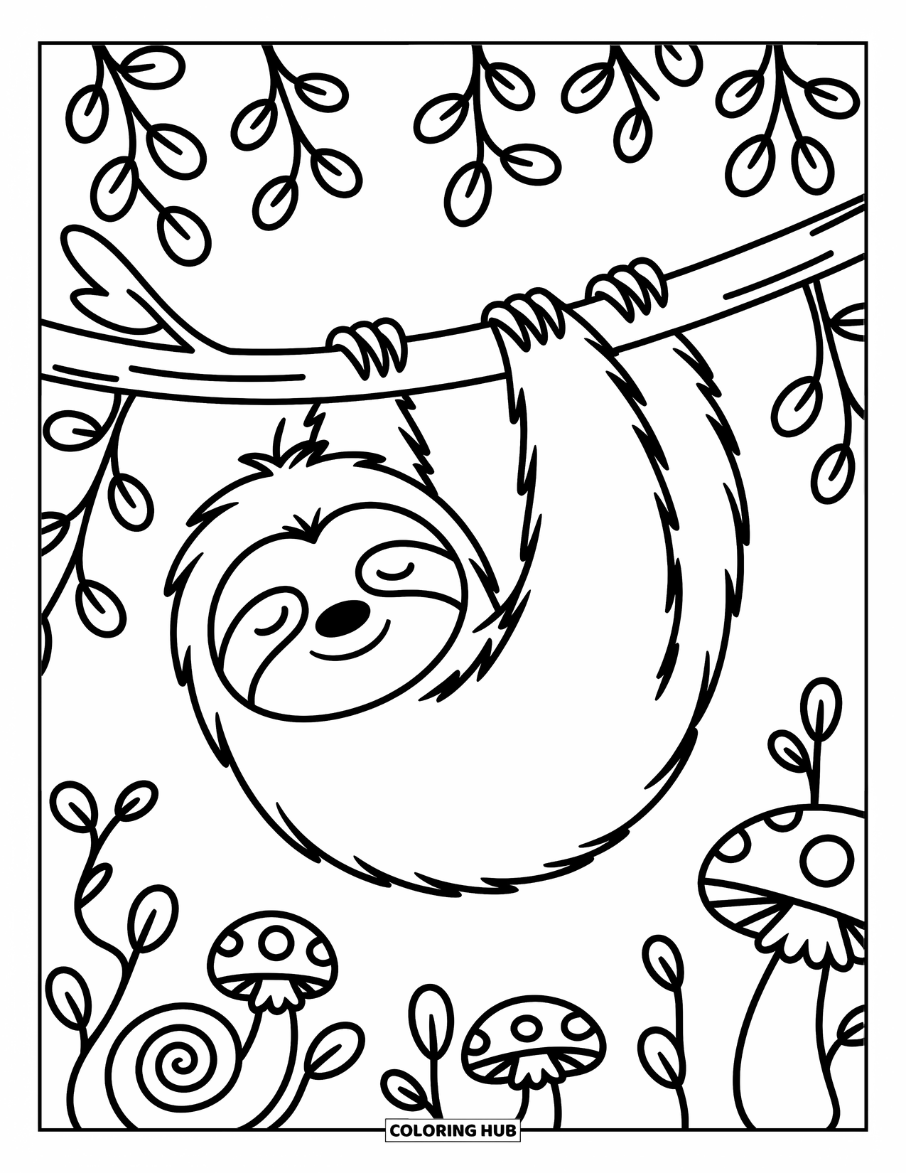 Rainforest Coloring Page for Adults: Sloth sleeps soundly upside down with whimsical mushrooms and dangling vines