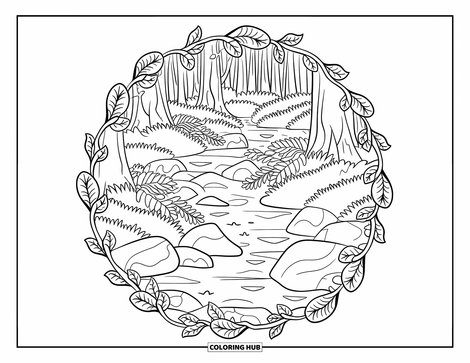 Rainforest Coloring Page for Adults: Stream with rocks and leaves wrapped in botanical mandala patterns