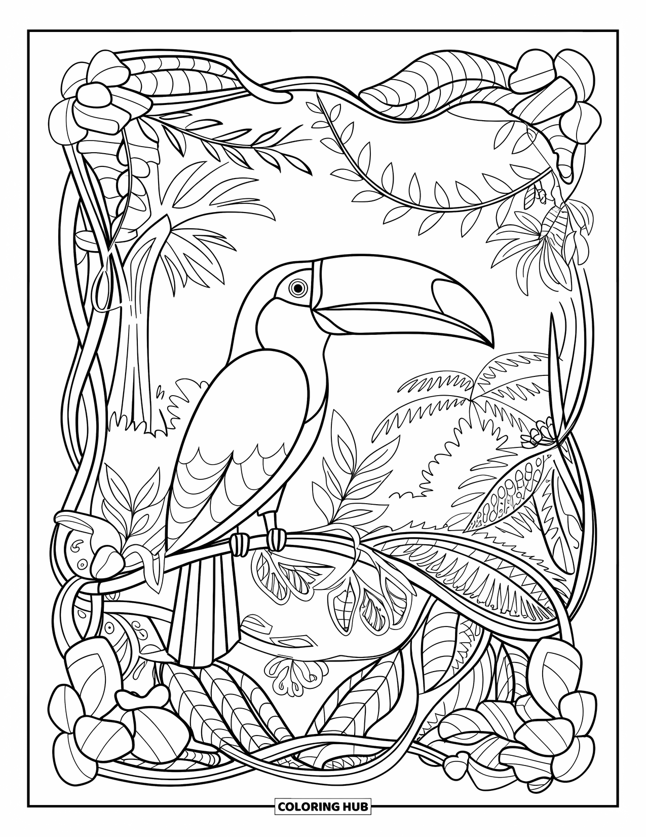 Rainforest Coloring Page for Adults: Toucan rests among detailed flowers, vines, and tall rainforest trees