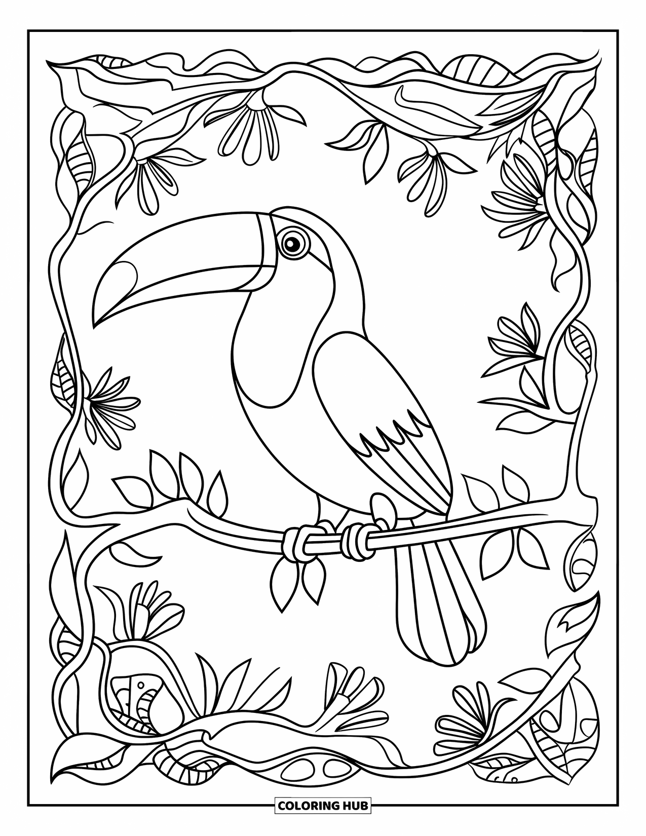 Rainforest Coloring Page for Adults: Toucan sits on a branch surrounded by leafy rainforest patterns