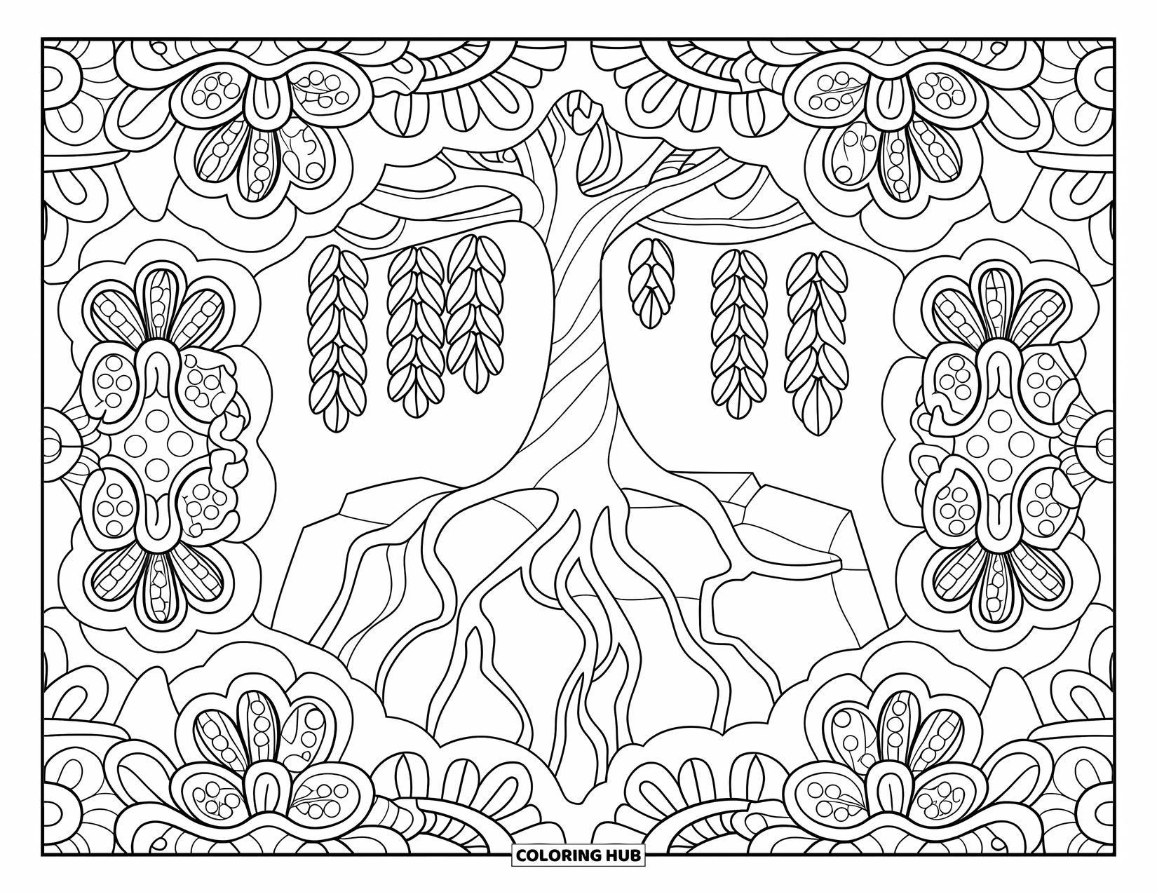 Rainforest Coloring Page for Adults: Tree with heart-leaf vines surrounded by patterned rainforest flowers
