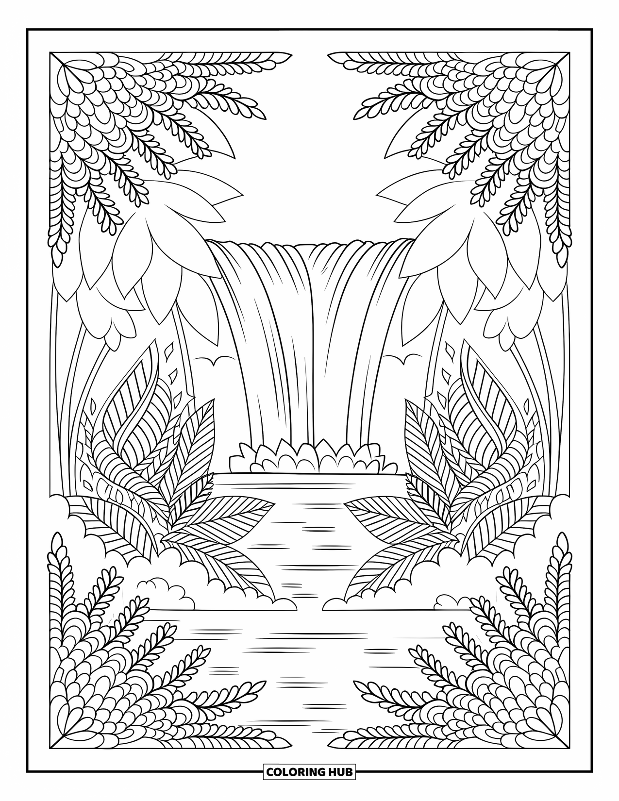 Rainforest Coloring Page for Adults: Waterfall framed by leafy mandalas and rainforest plants
