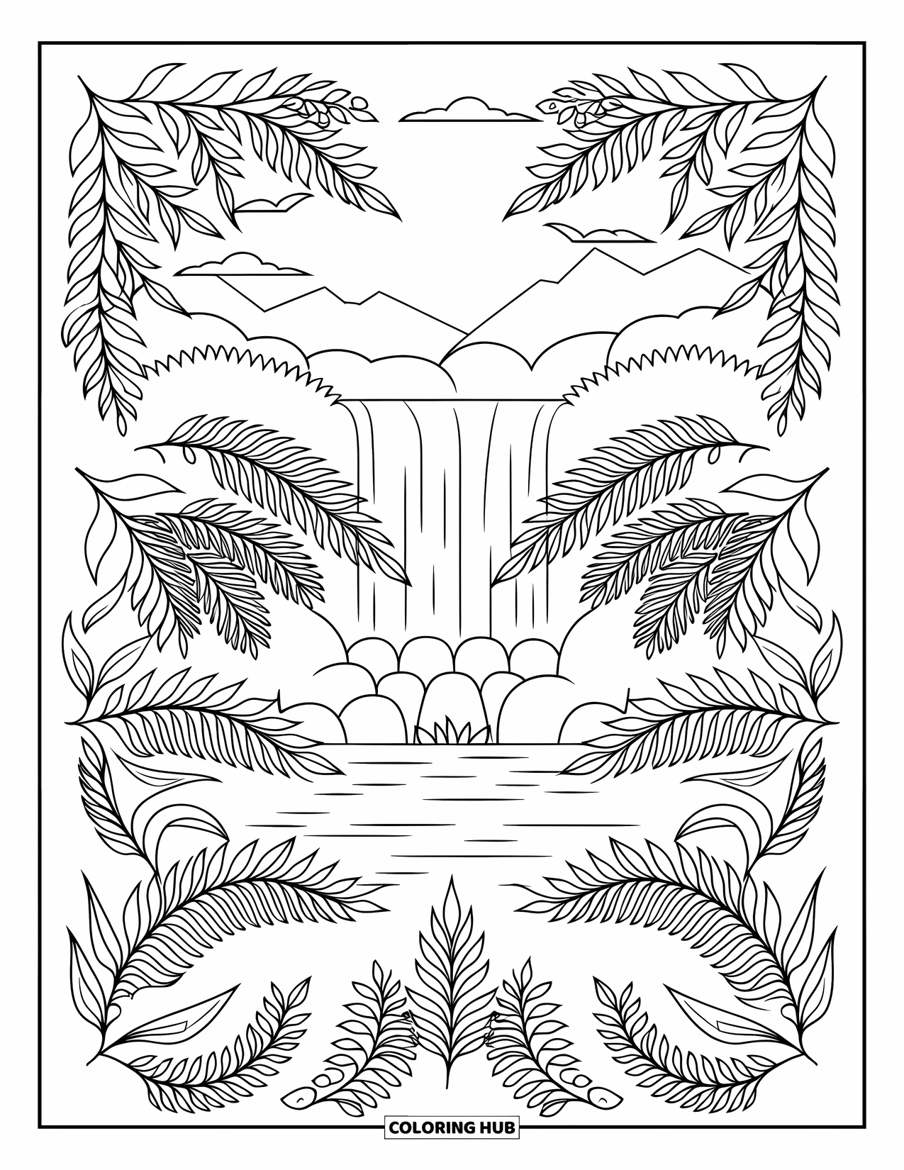 Rainforest Coloring Page for Adults: Waterfall with leafy mandalas, birds, and mountain views