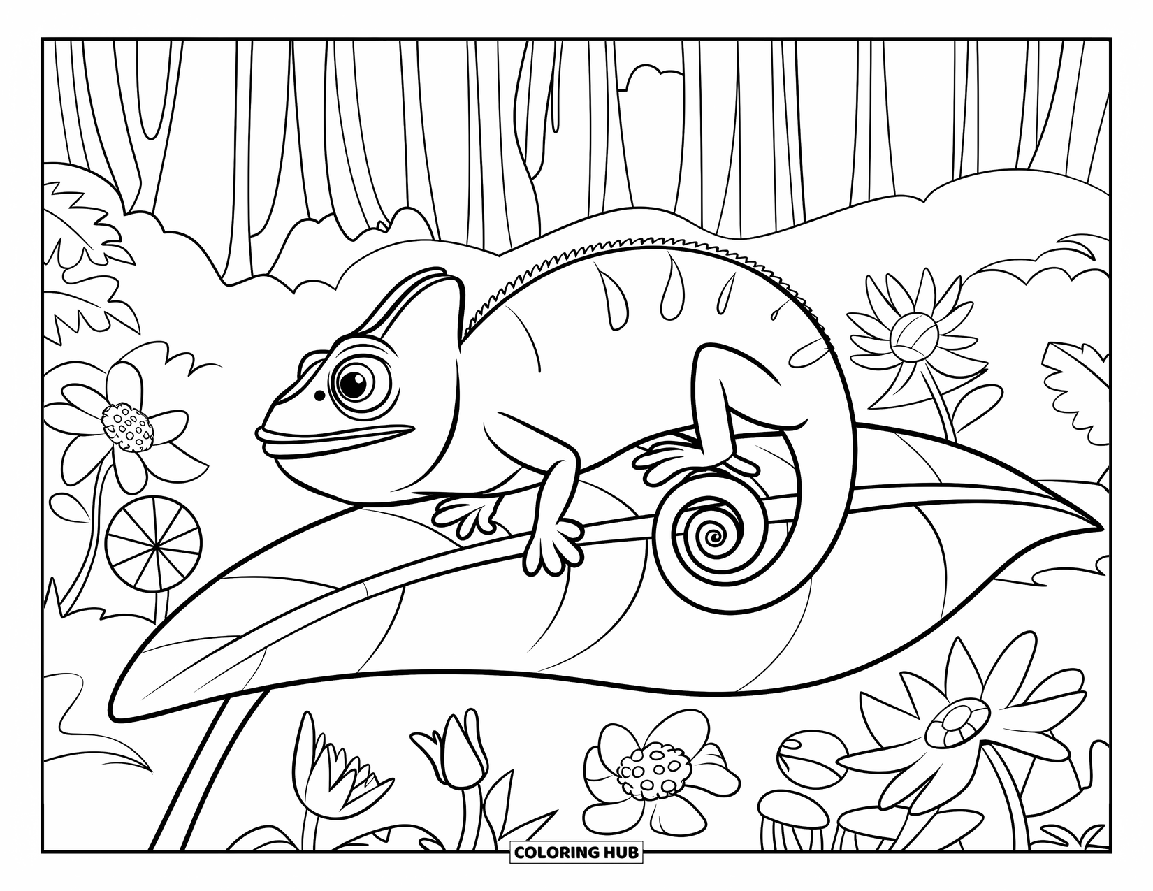 Rainforest Coloring Page for Kids: Chameleon rests on a leafy branch surrounded by blooming flowers