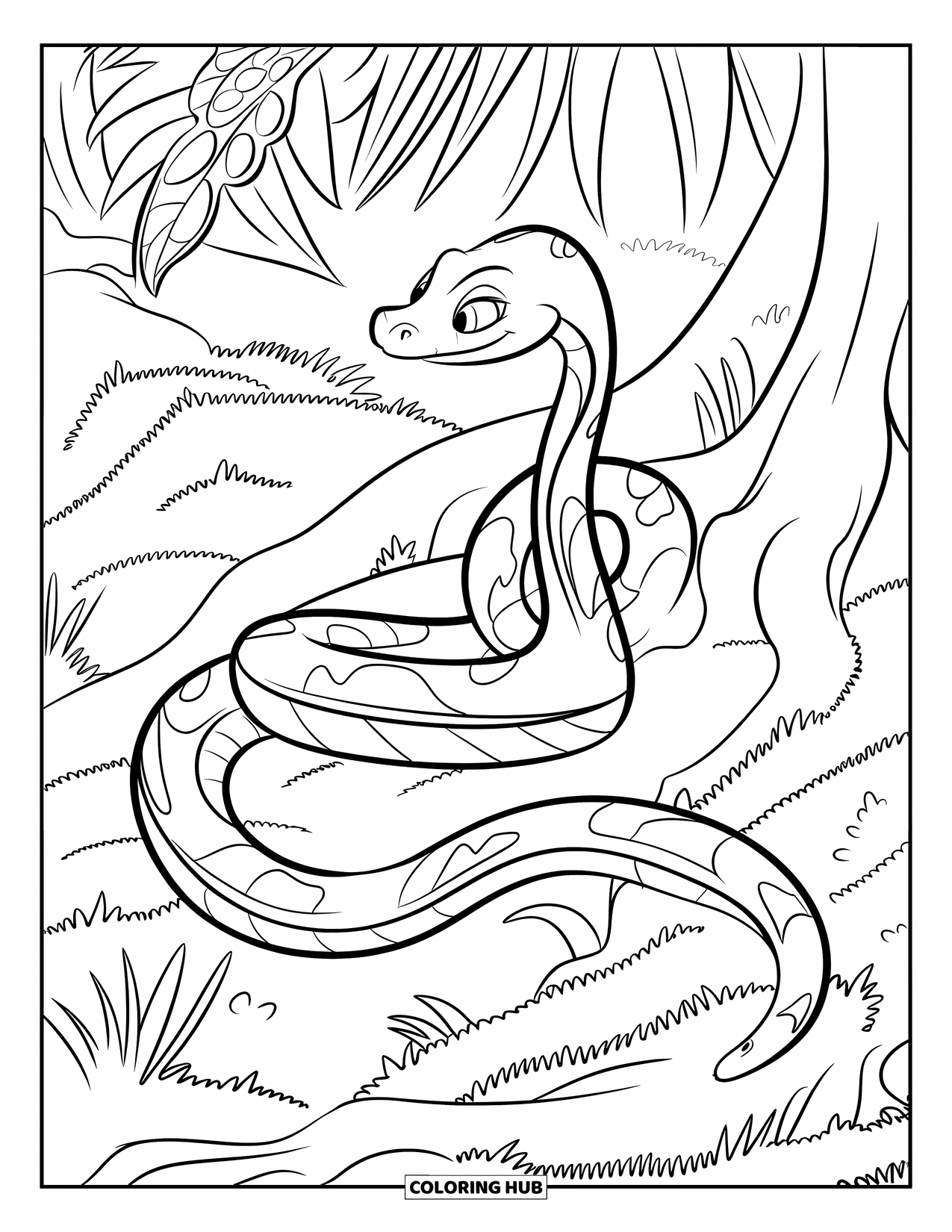 Rainforest Coloring Page for Kids: Curled snake moves quietly among rainforest roots and leaves