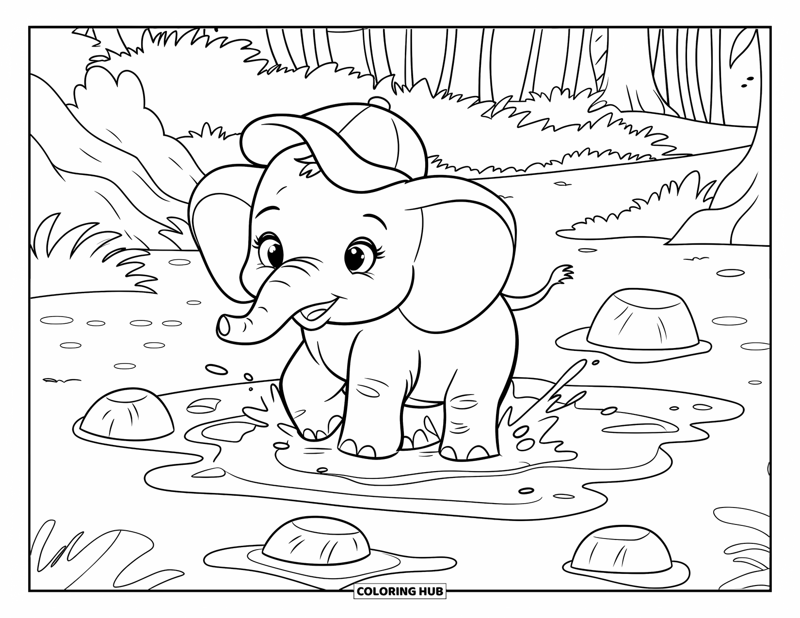 Rainforest Coloring Page for Kids: Elephant in a cute hat splashes water in a forest puddle