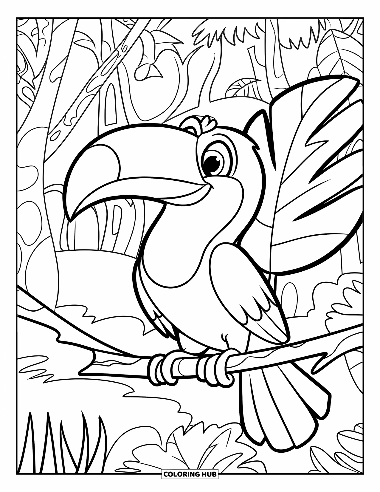 Rainforest Coloring Page for Kids: Friendly toucan perches on a branch surrounded by tropical plants