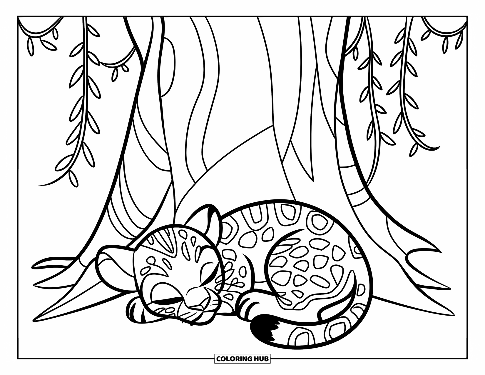 Rainforest Coloring Page for Kids: Jaguar cub naps at the base of a tree with dangling vines