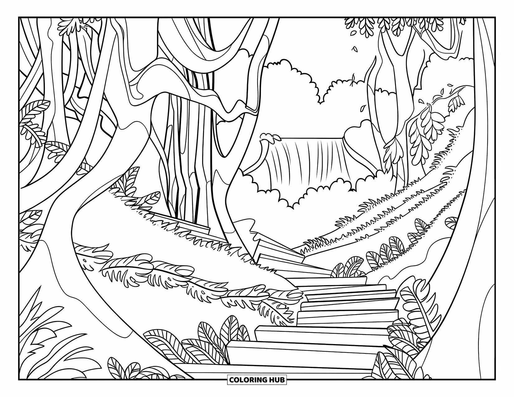 Rainforest Coloring Page for Kids: Leafy trail climbs past ferns and wooden stairs near a misty fall