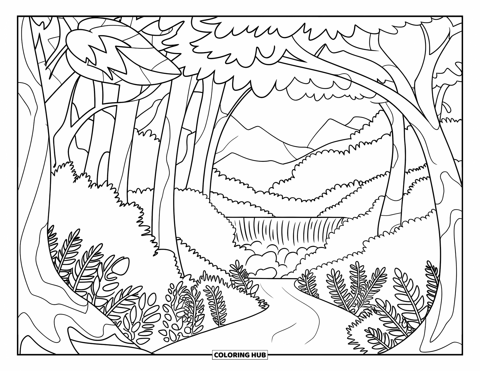 Rainforest Coloring Page for Kids: Peaceful forest path leads to a distant, misty waterfall view