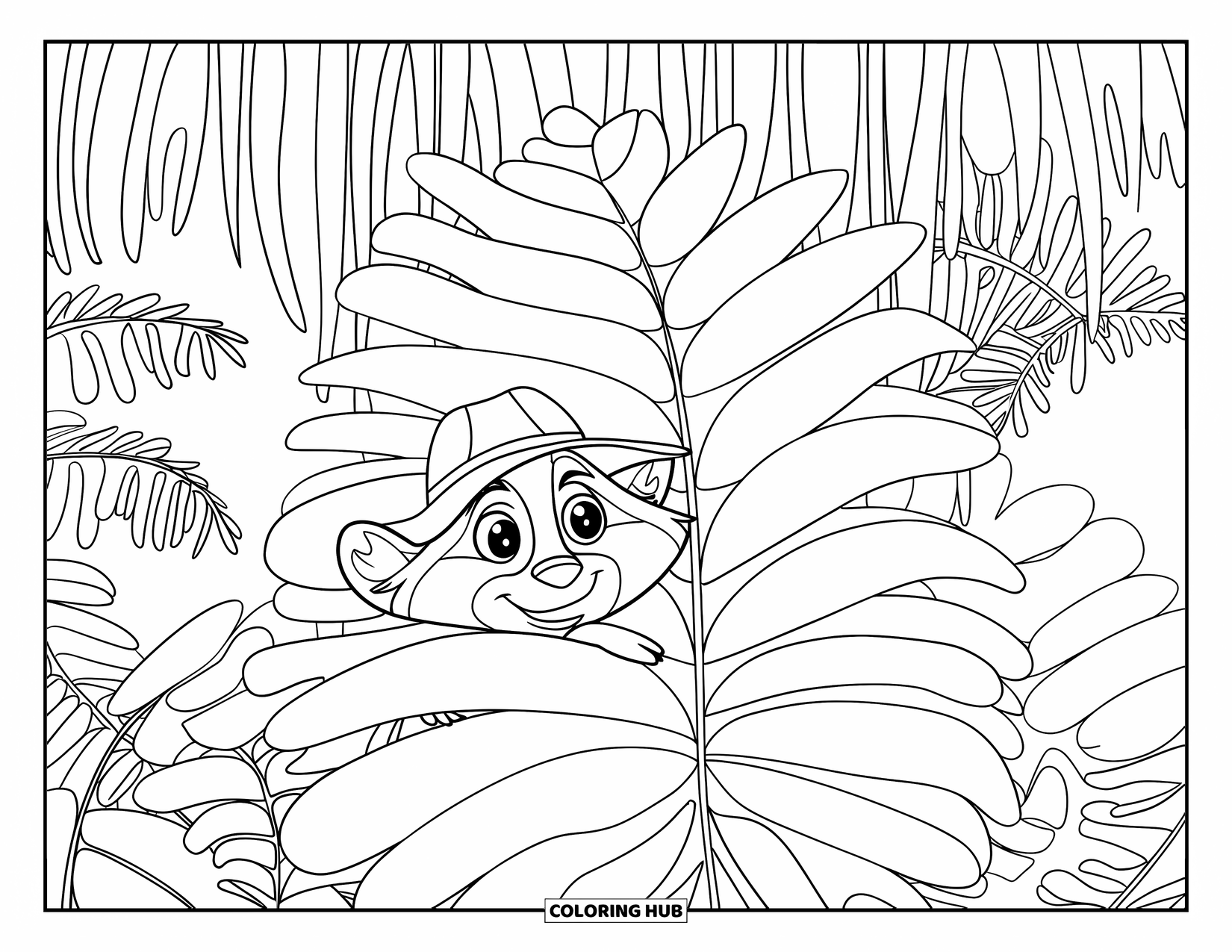 Rainforest Coloring Page for Kids: Raccoon in a tiny hat peeks out from leafy ferns