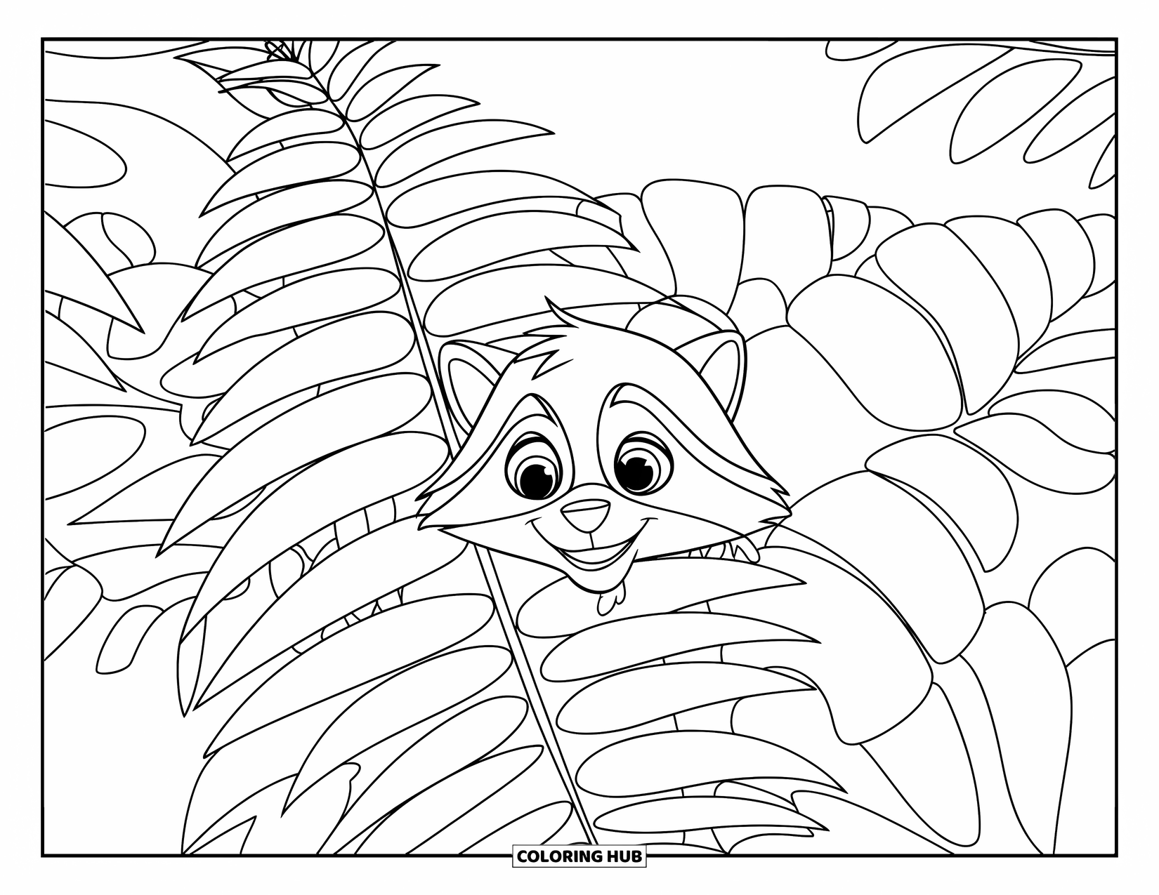 Rainforest Coloring Page for Kids: Shy raccoon hides under big fern leaves in the jungle