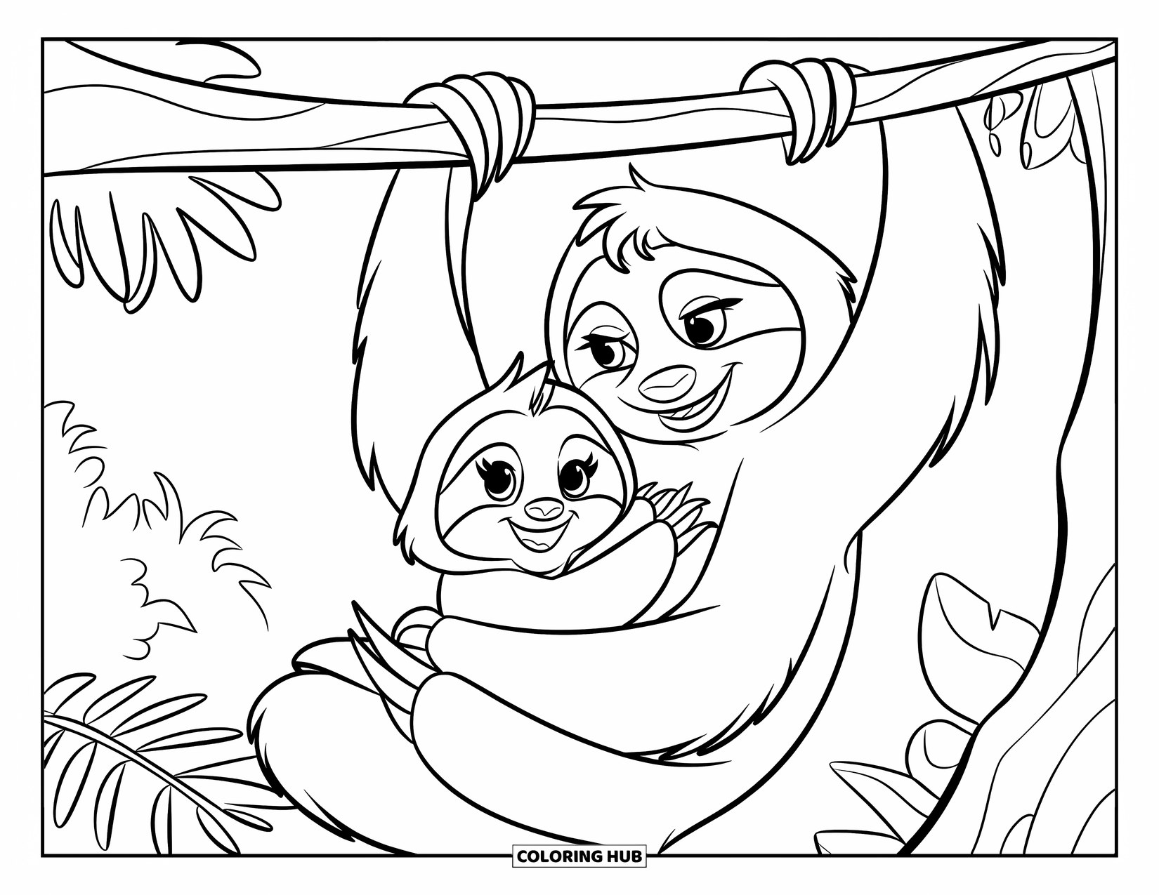 Rainforest Coloring Page for Kids: Sloth mom holds her baby tightly in a lush jungle nook