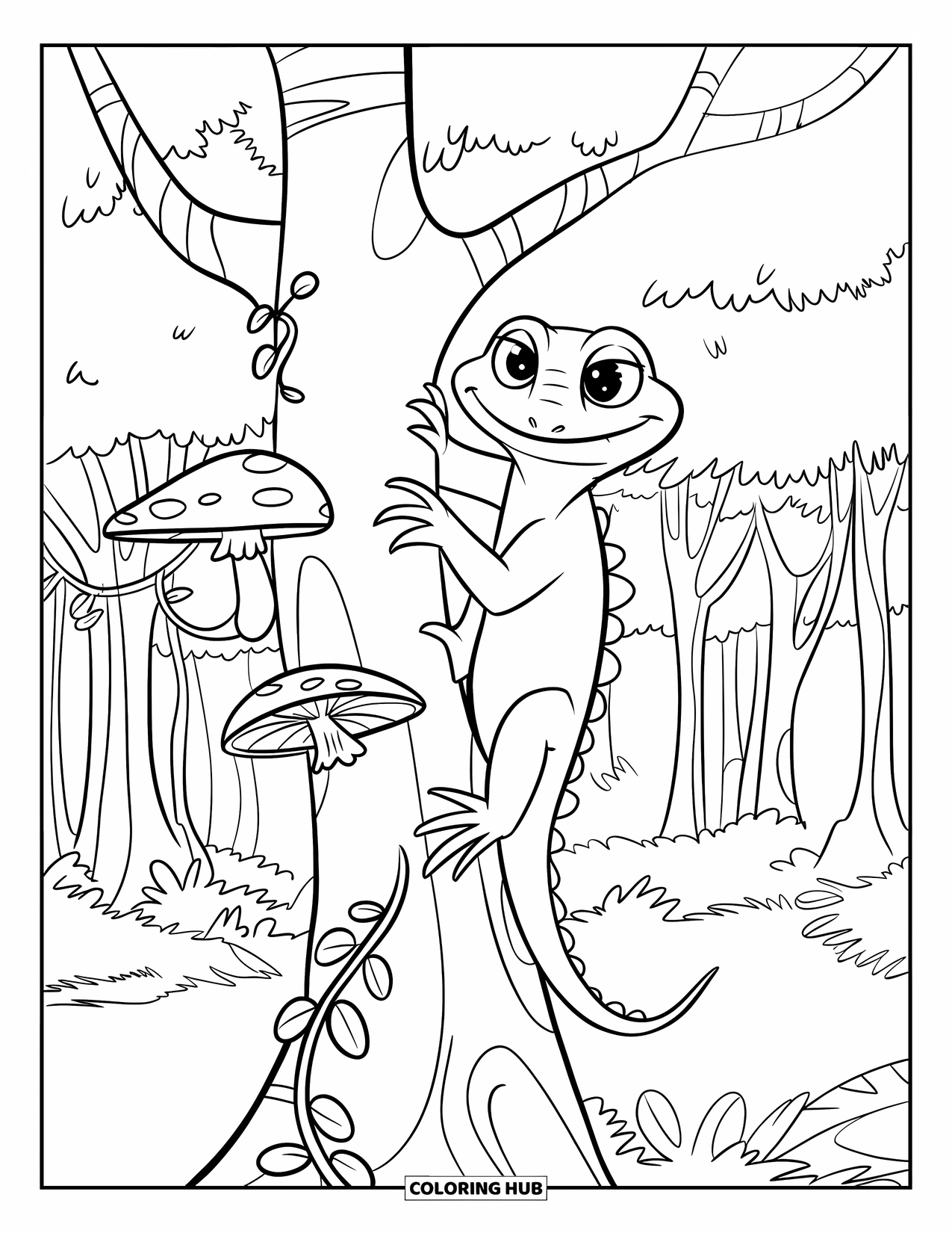 Rainforest Coloring Page for Kids: Smiling lizard climbs up a rainforest tree trunk