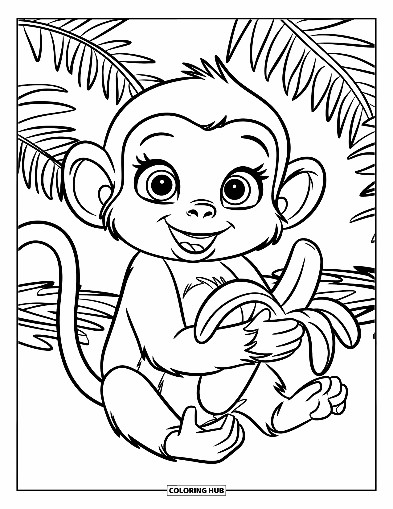 Rainforest Coloring Page for Kids: Smiling monkey with big eyes sits in a patch of ferns