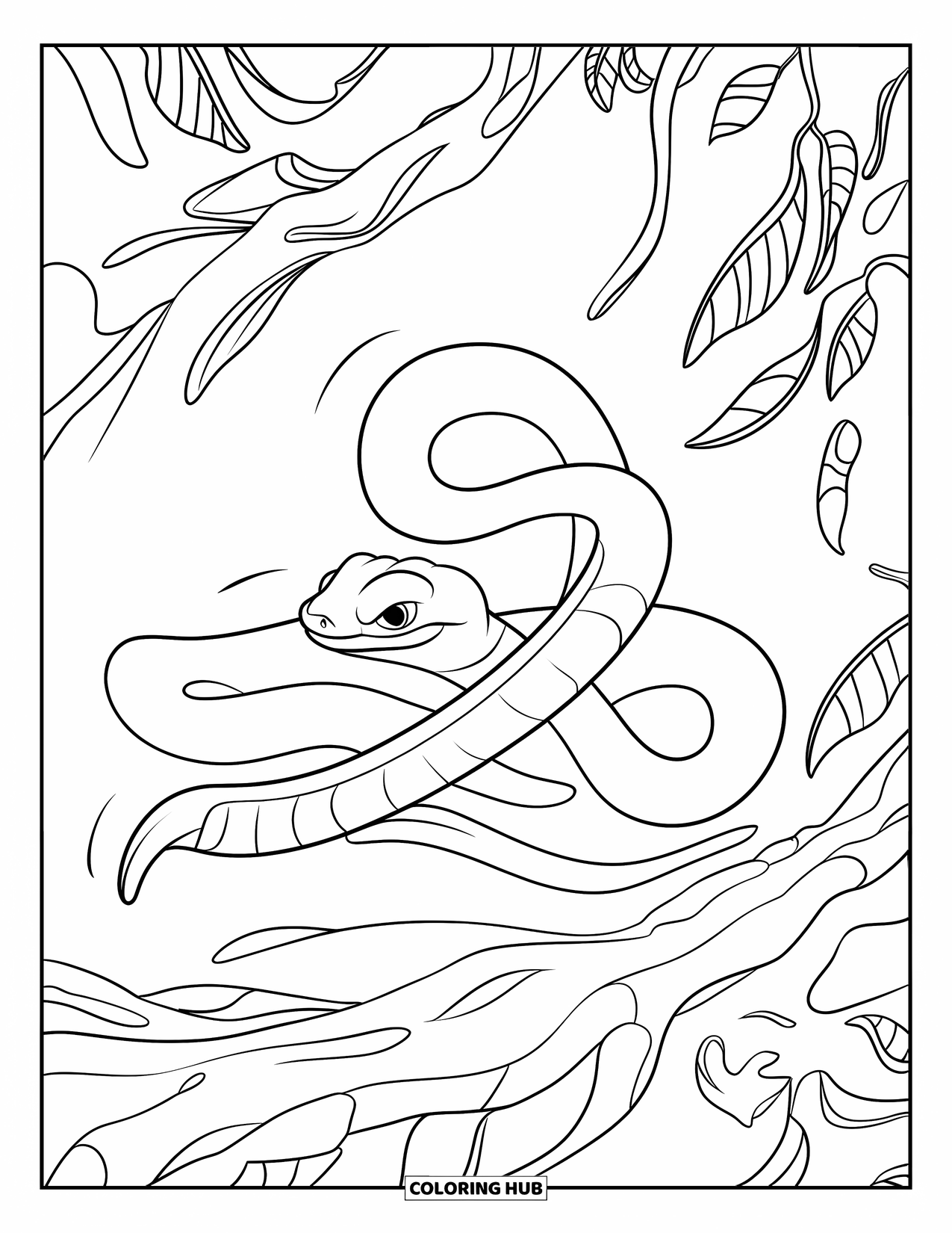 Rainforest Coloring Page for Kids: Snake slinks between twisted roots on a white forest floor