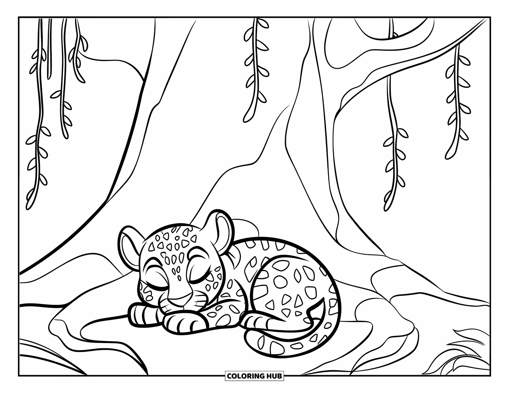 Rainforest Coloring Page for Kids: Tiny jaguar curls up under a big tree and hanging vines