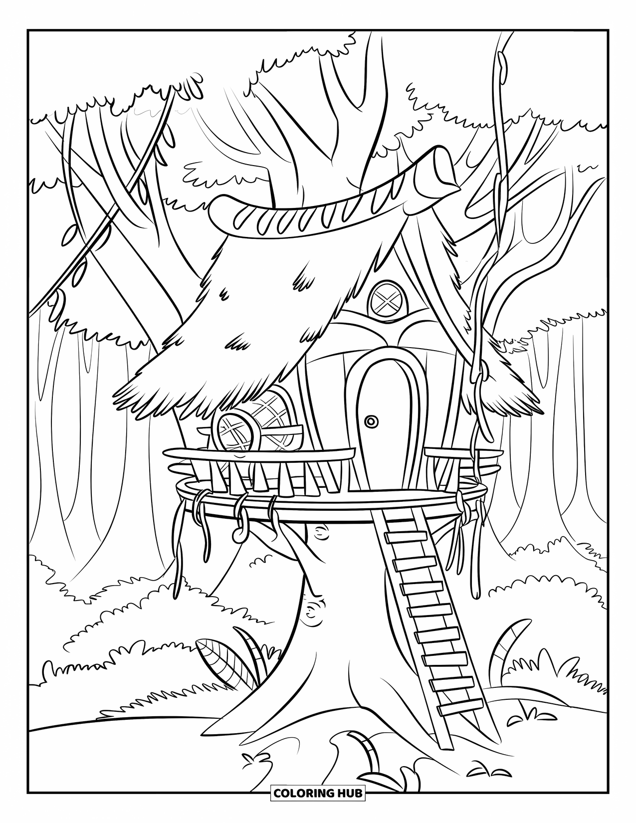 Rainforest Coloring Page for Kids: Treehouse with thatched roof sits between thick rainforest branches