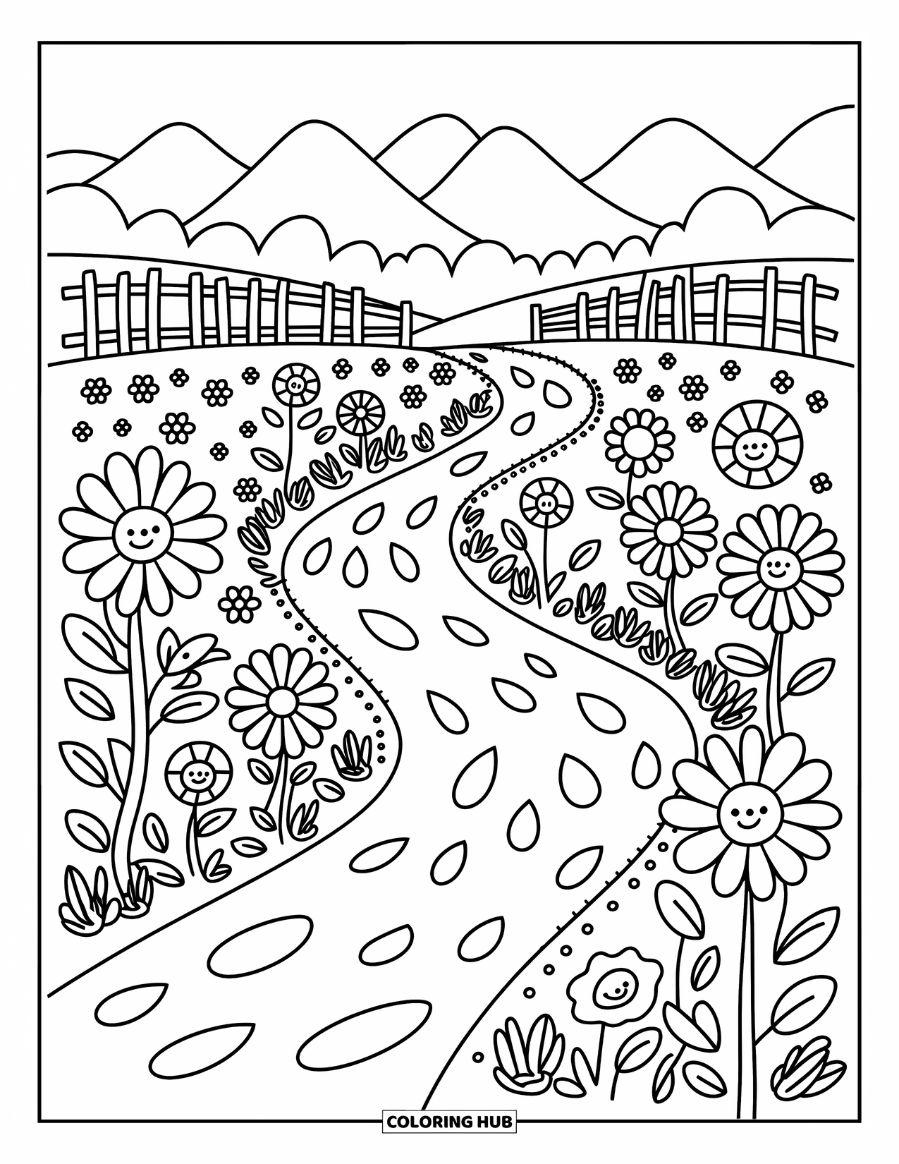 Rainy Day Coloring Page for Adults: A quiet stream winds past wildflowers and mountains under soft raindrops