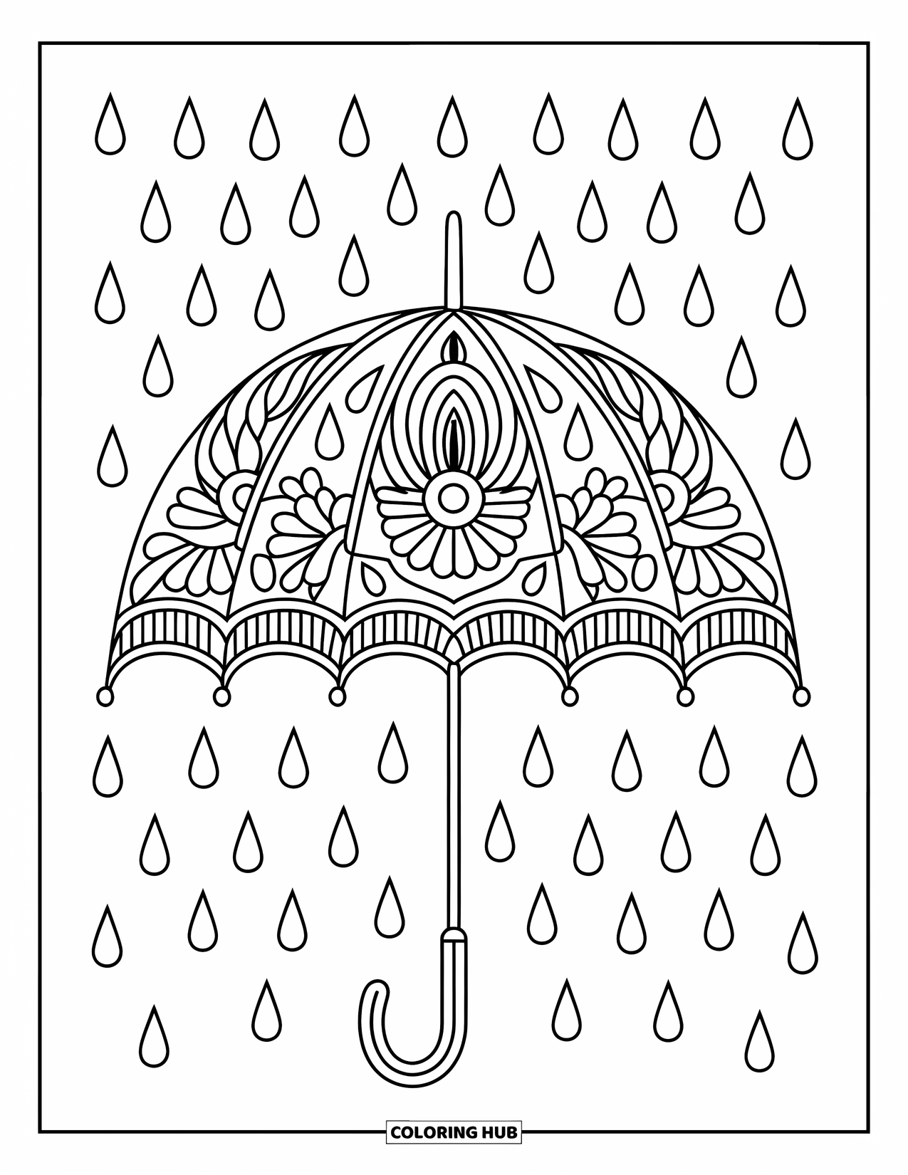 Rainy Day Coloring Page for Adults: An umbrella with floral details is surrounded by falling raindrops in a simple design