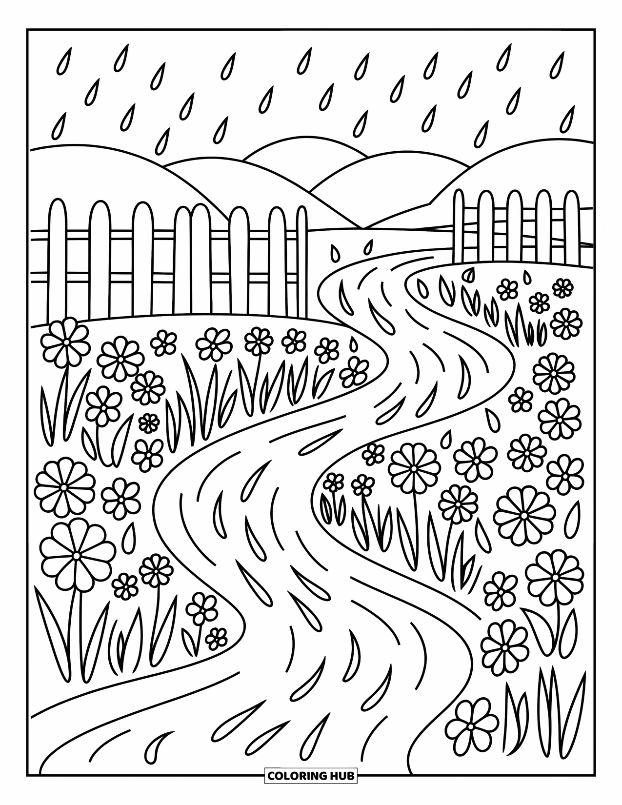 Rainy Day Coloring Page for Adults: Raindrops ripple through a winding stream in a flower-filled countryside with distant mountains