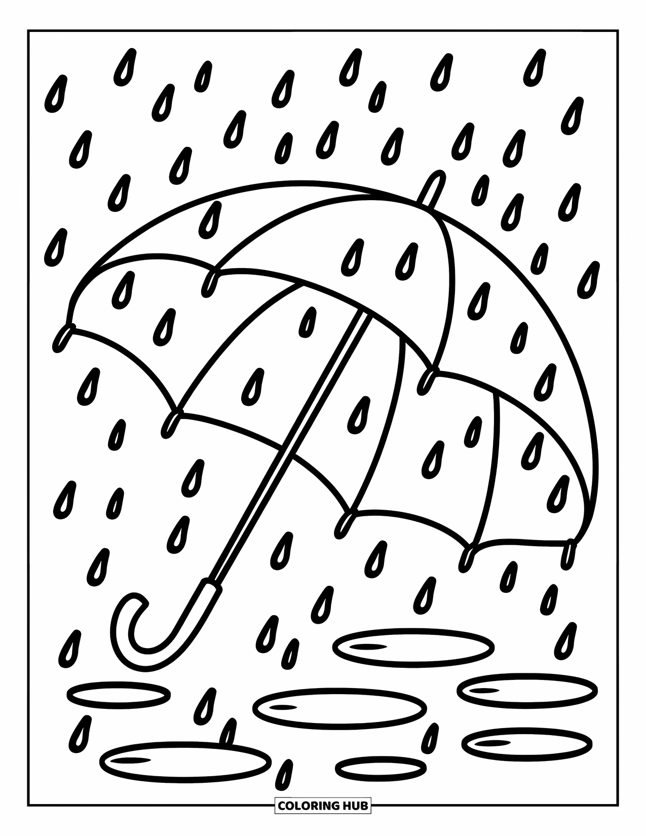 Rainy Day Coloring Page for Kids: A big umbrella stands open while raindrops fall and puddles form below