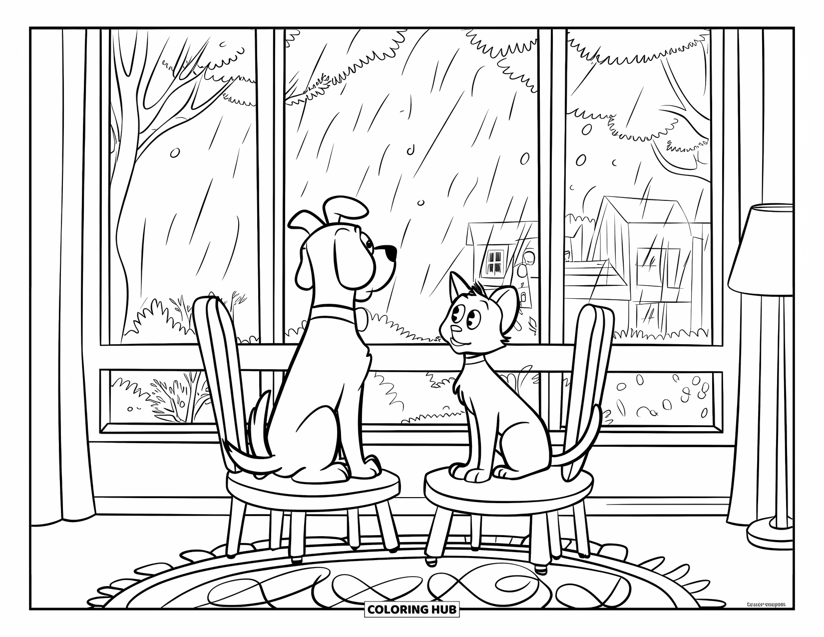 Rainy Day Coloring Page for Kids: A cat and dog sit together indoors, watching the rain fall outside
