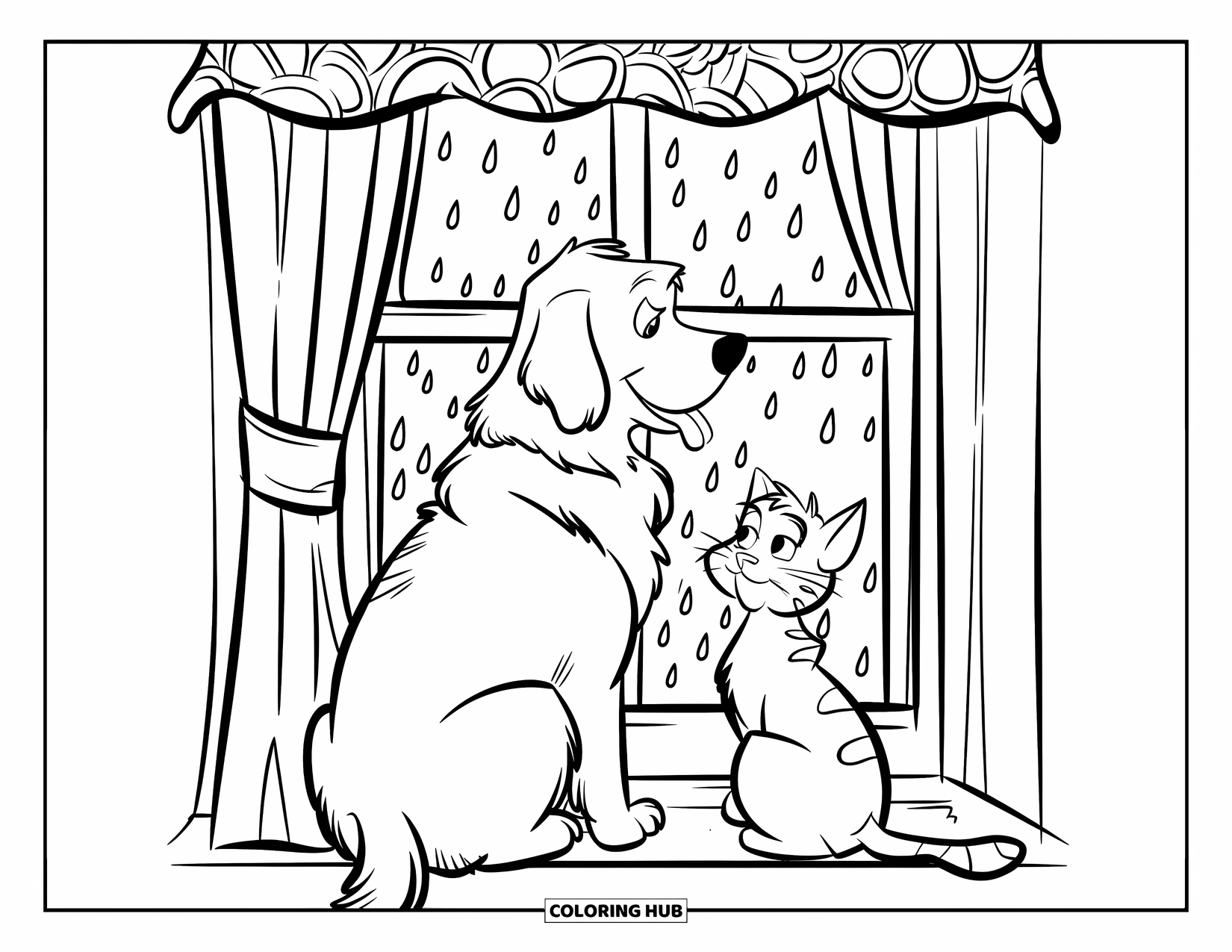 Rainy Day Coloring Page for Kids: A dog and cat watch rain fall outside their cozy window seat